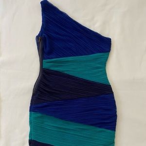 BCBGMaxazria Womens Dress Asymmetrical Colorblock Blue Ruched Medium